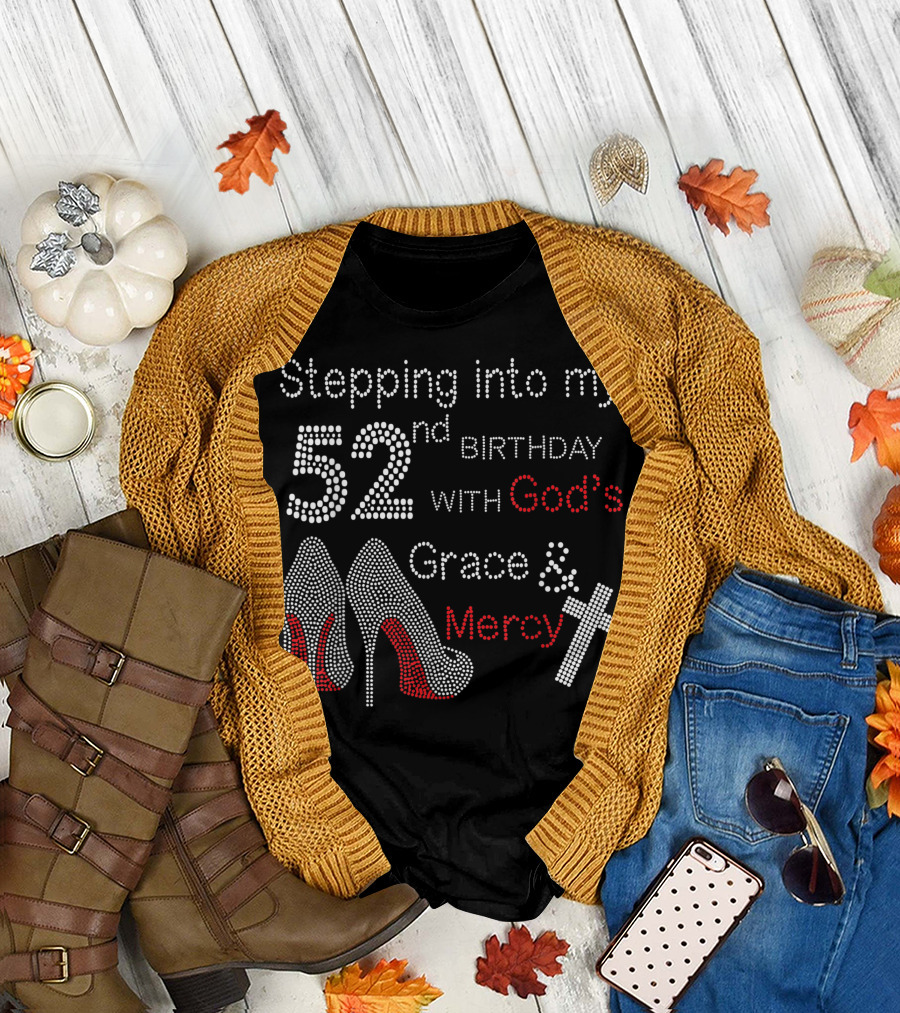 Stepping Into My 52nd Birthday With God's Grace and Mercy with Red High Heels and Cross T-Shirt