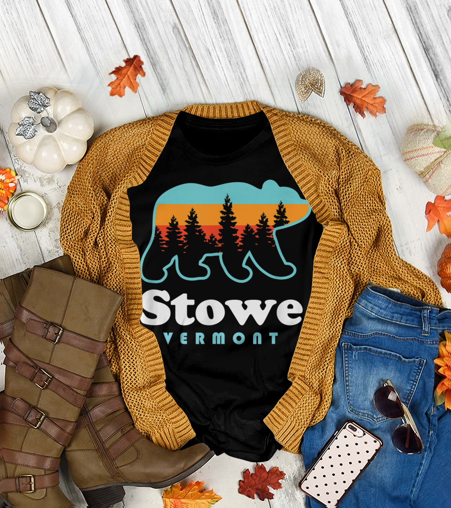 Stowe Vermont Bear Silhouette with Colorful Tree Background T-Shirt