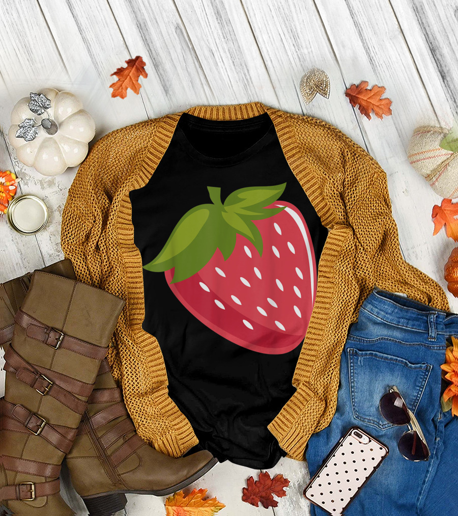 Strawberry Fruit Icon Vibrant Red Seeded Berry with Green Leaves T-Shirt