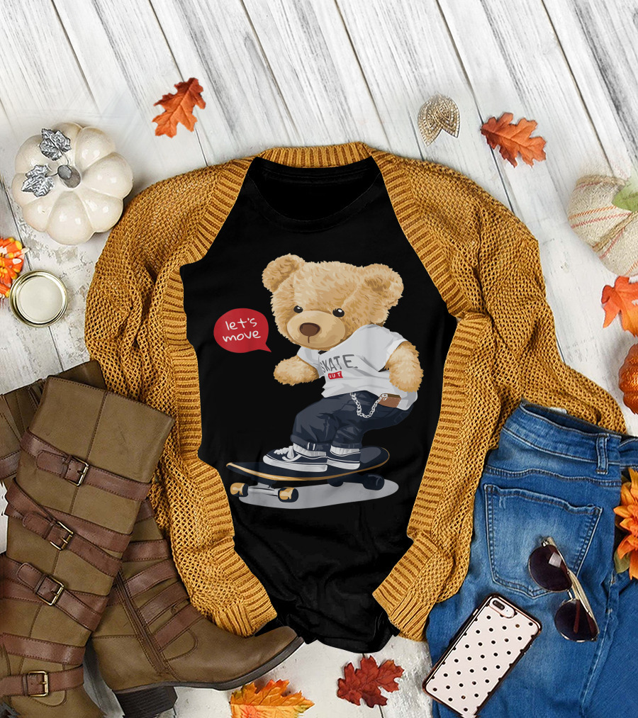Teddy Bear Skateboarding Let's Move Cute Cartoon Skater T-Shirt