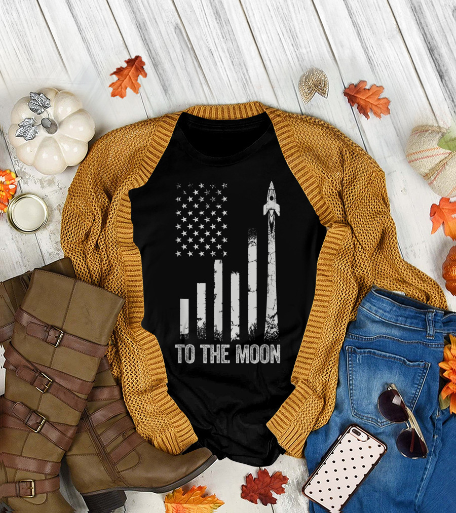 To The Moon Bitcoin Crypto US Flag Rocket WSB Trading T-Shirt