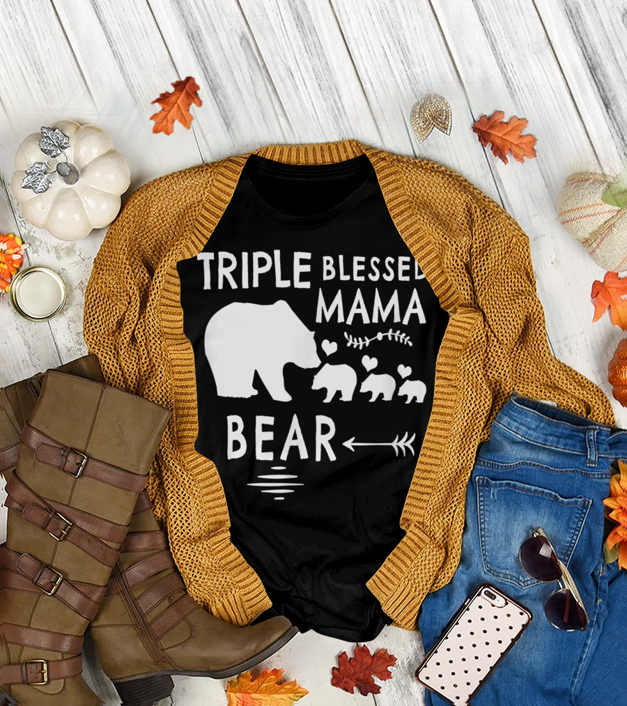 Triple Blessed Mama Bear With Three Hearts and Arrows T-Shirt