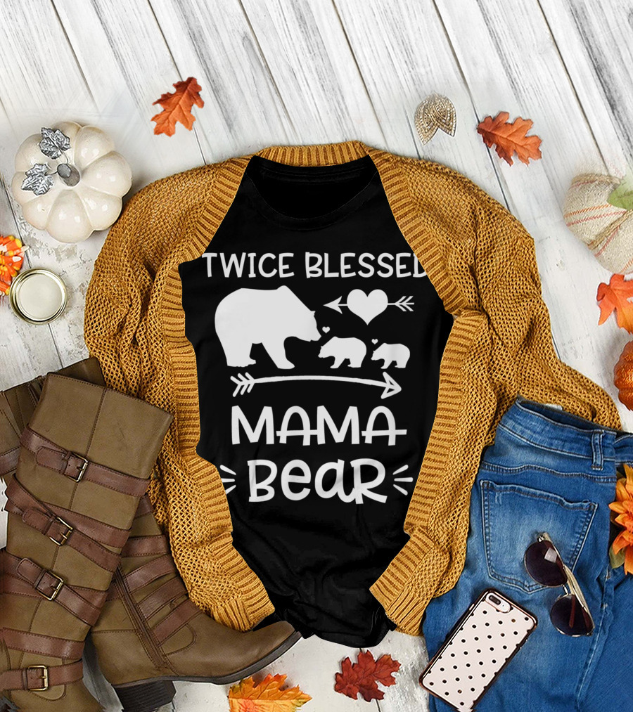 Twice Blessed Mama Bear with Heart and Arrows Two Baby Cubs T-Shirt