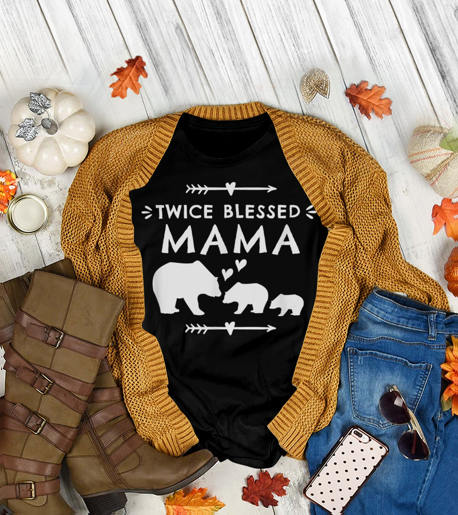 Twice Blessed Mama Bear Family with Hearts and Arrows T-Shirt
