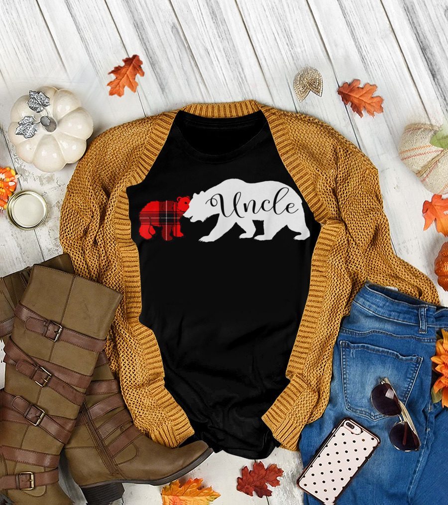 Uncle Bear White Silhouette with Red Plaid Cub Dad T-Shirt