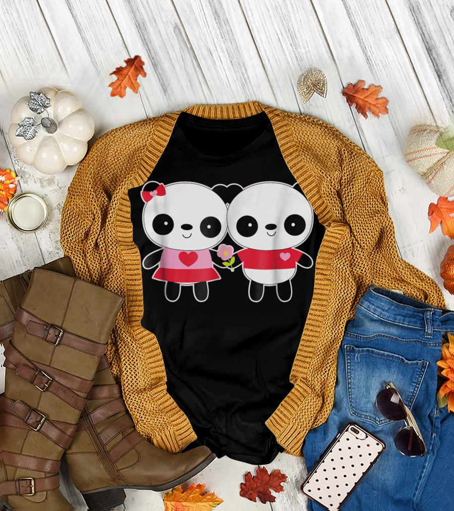 Matching Valentines Day Cute Panda Couple with Hearts and Flower T-Shirt