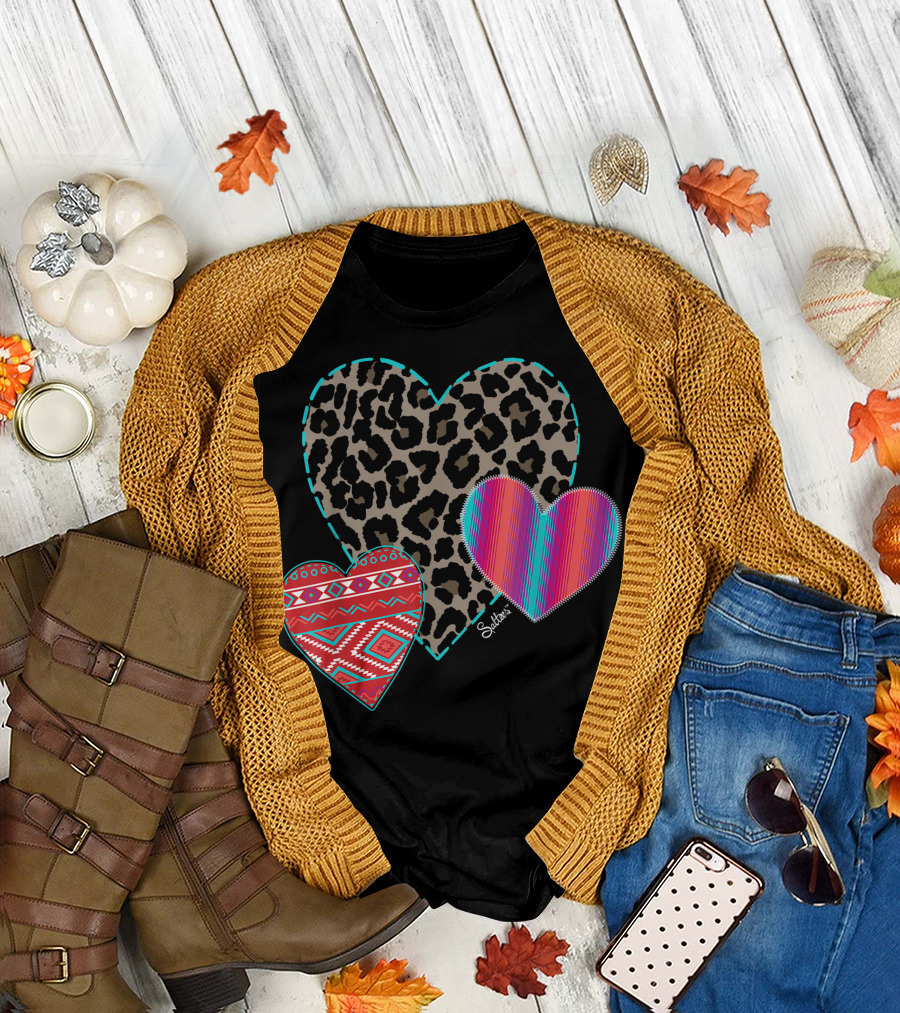 Valentines Hearts Leopard Print Aztec Rainbow by Salteezeń T-Shirt