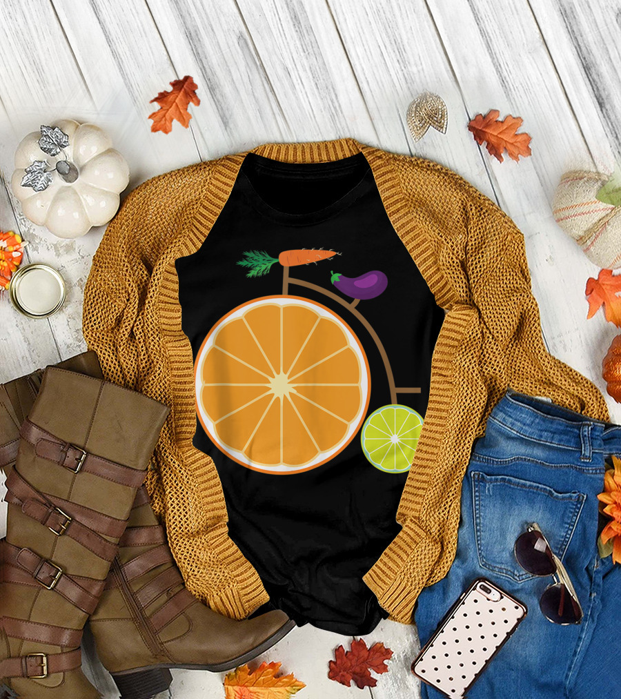 Vintage Bicycle Oranges Limes Carrots Eggplants Fruits Vegetables T-Shirt