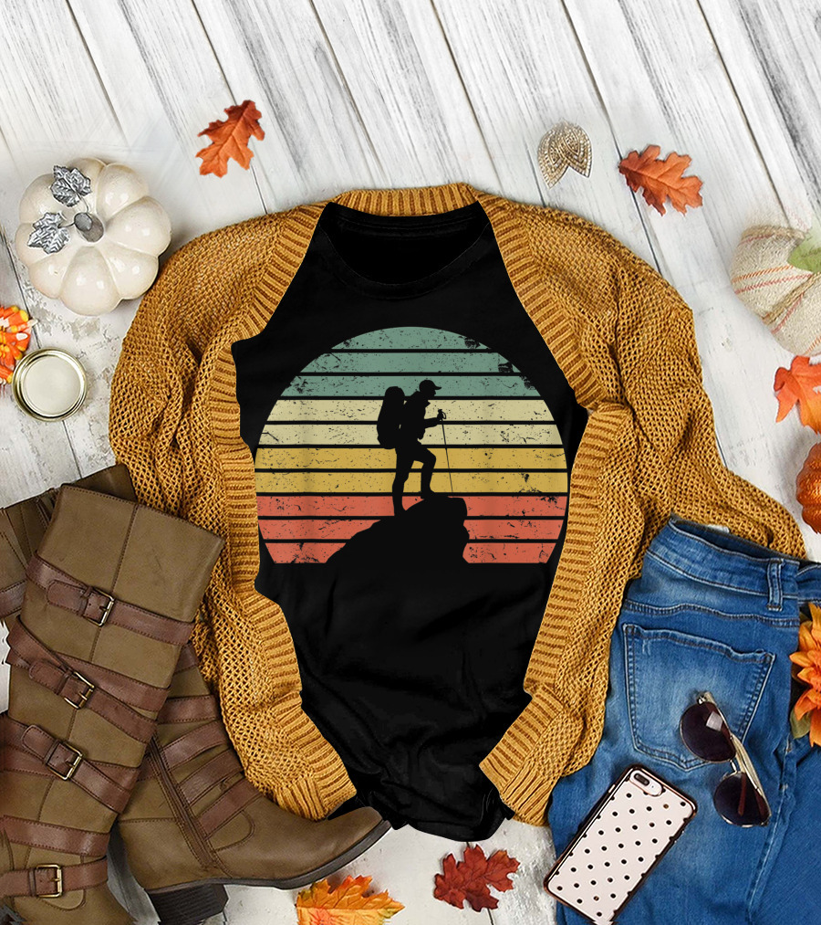 Vintage Hiking Hiker Silhouette On Rock At Sunset T-Shirt