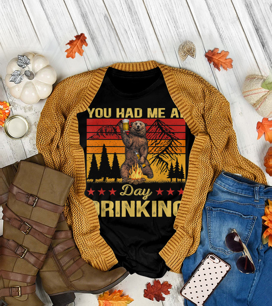You Had Me At Day Drinking Vintage Bear Drinking Beer Campfire Mountains Retro Stars T-Shirt