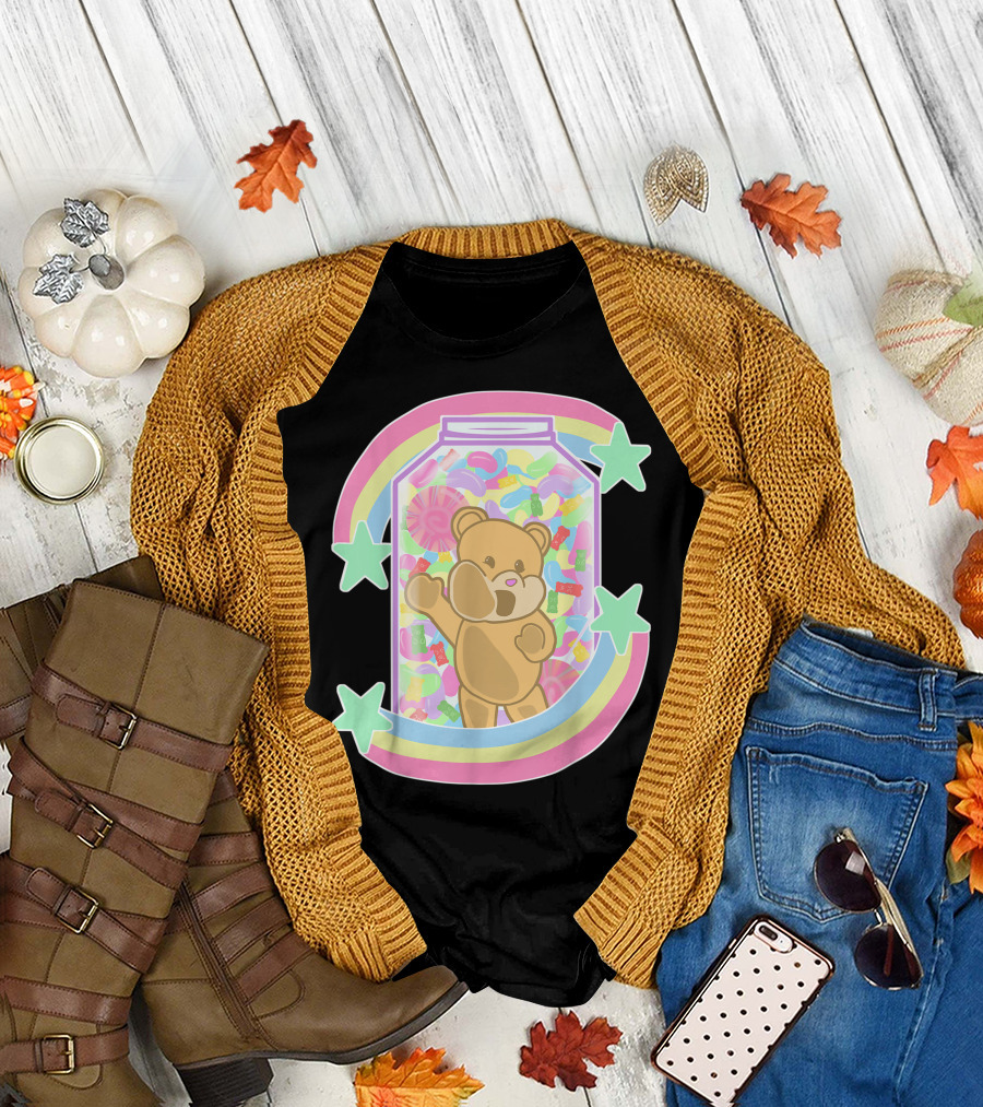 Yume Kawaii Pastel Goth Bear in Candy Jar with Stars and Rainbow T-Shirt