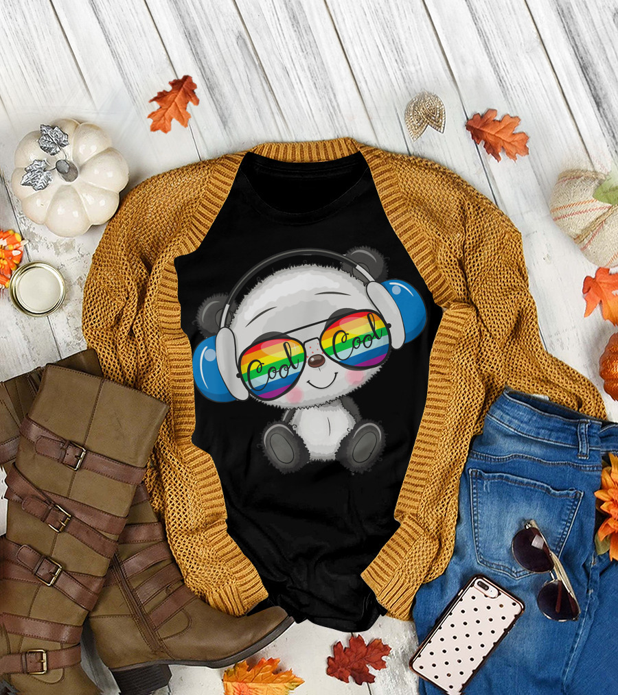 Panda With Headphones and Rainbow Cool Sunglasses T-Shirt