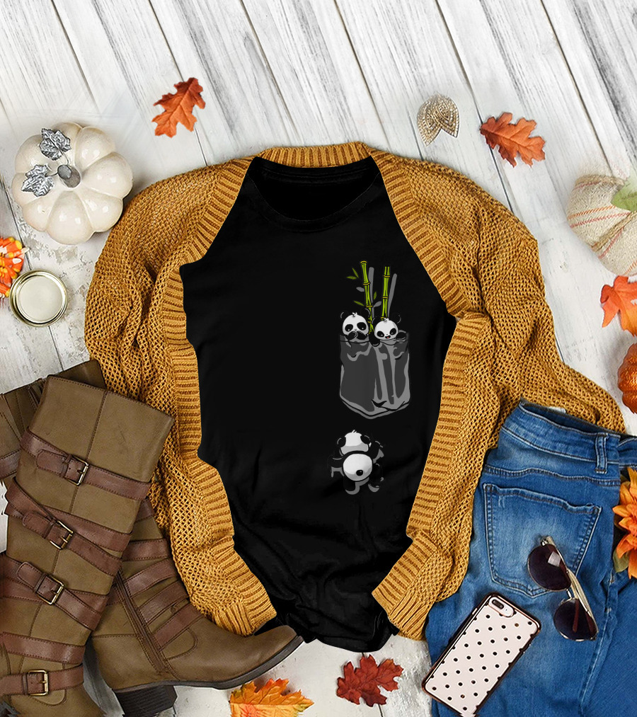 Pocket Pandas Kawaii Family Playful Cute Panda in Pocket with Bamboo T-Shirt