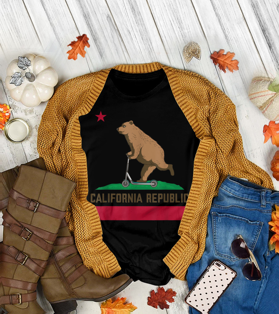 California Republic Bear Riding Scooter Iconic Flag T-Shirt