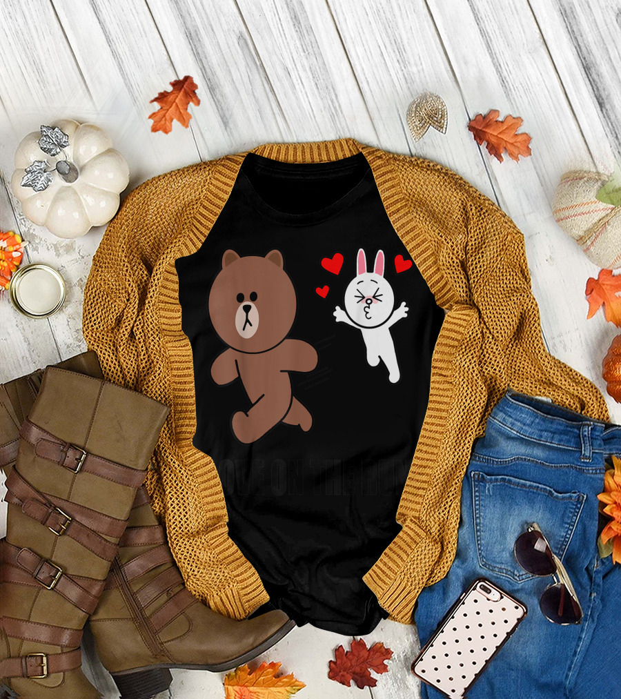 Cute Brown Bear Cony Bunny Rabbit Love On The Run Valentines Hearts T-Shirt