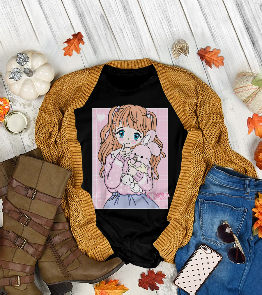 Kawaii Girl with Pink Plushie and Heart 90s Japanese Otaku Aesthetic T-Shirt