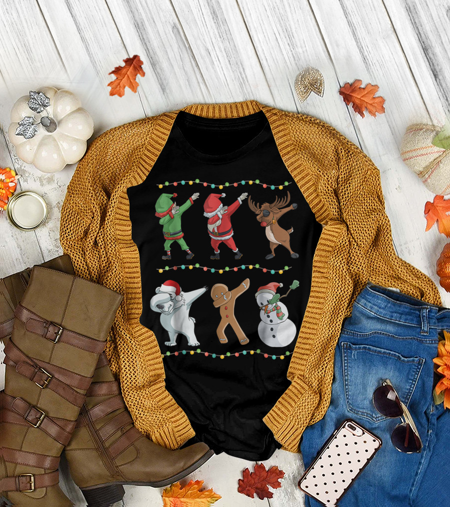 Dabbing Santa Reindeer Elf Gingerbread Snowman Polar Bear Christmas Lights T-Shirt