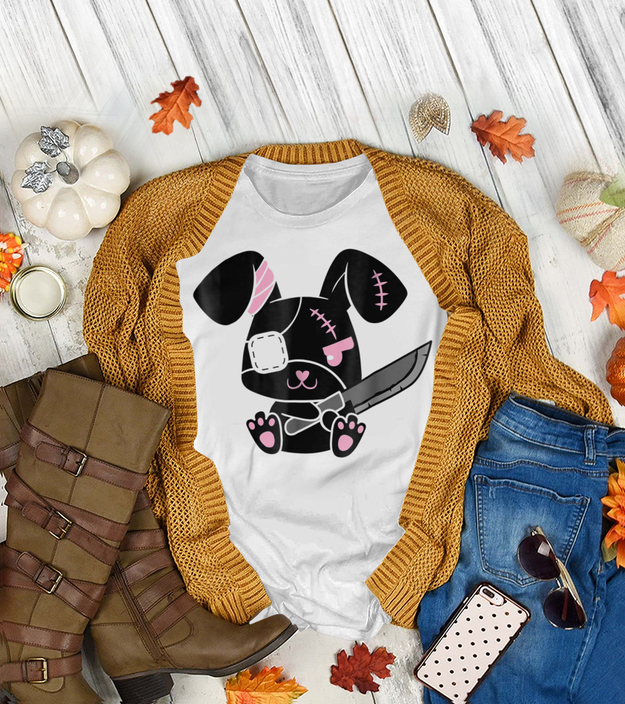 Kawaii Bunny Menhera Pastel Goth Black Cute Stitch Eye Patch Knife T-Shirt