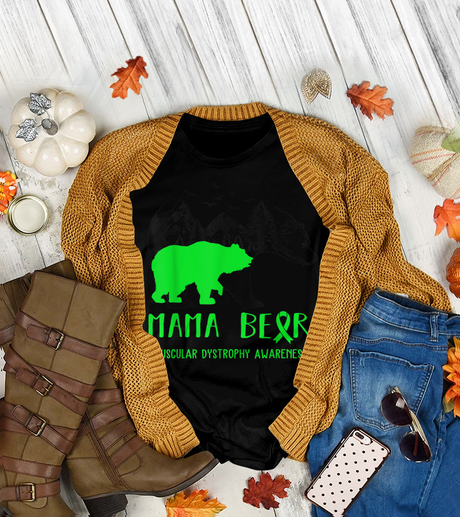 Mama Bear Muscular Dystrophy Awareness Ribbon and Bear Silhouette Forest Scene T-Shirt