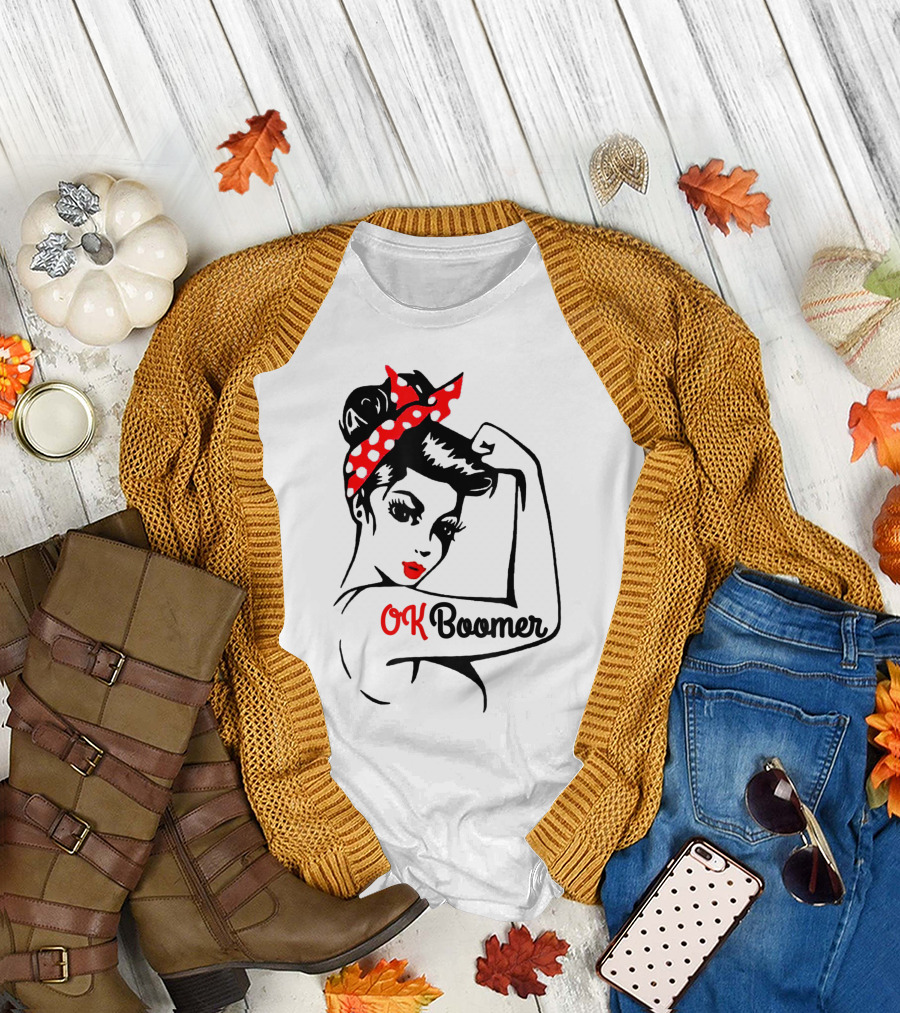 OK Boomer Rosie the Riveter Girl Red Polka Dot Bandana T-Shirt