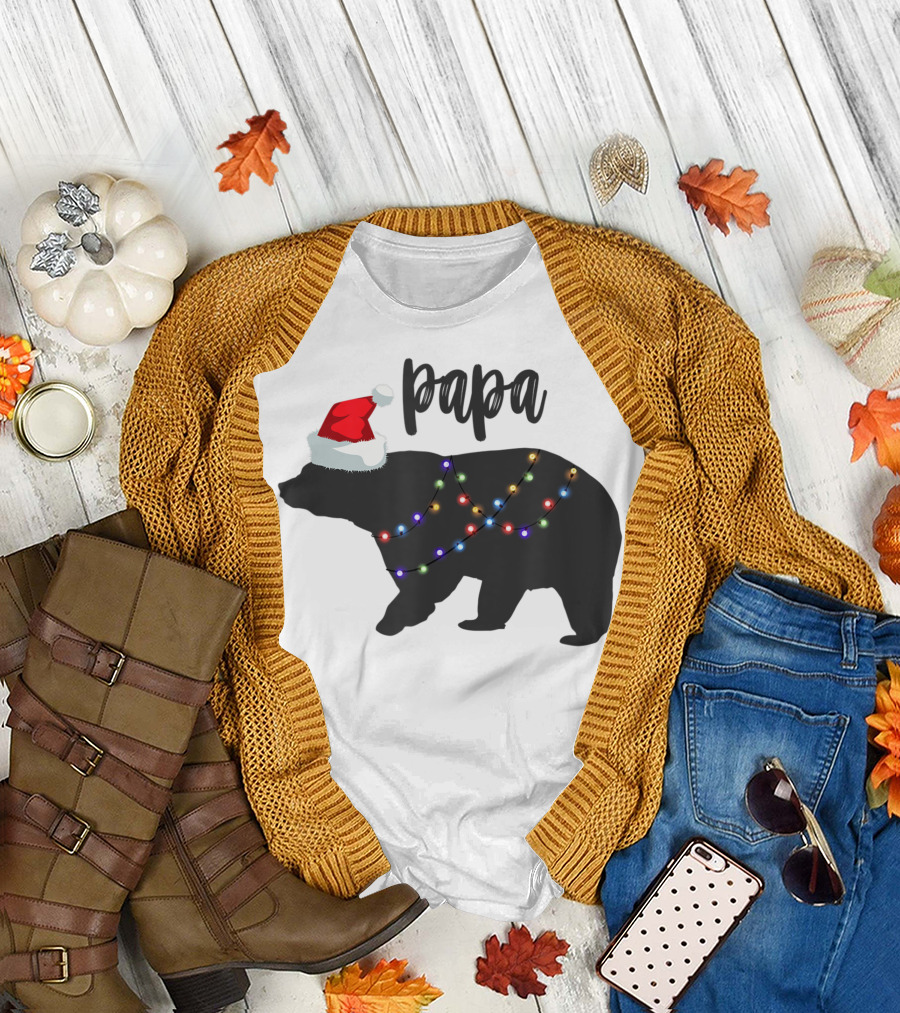 Papa Bear Christmas with Santa Hat and Family Lights T-Shirt