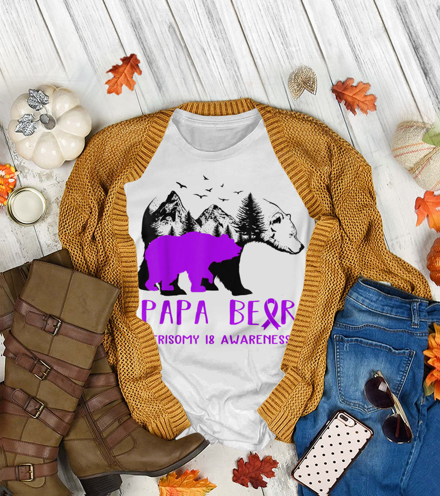 Papa Bear Trisomy 18 Awareness Purple Ribbon Bear Silhouette with Mountains and Trees T-Shirt