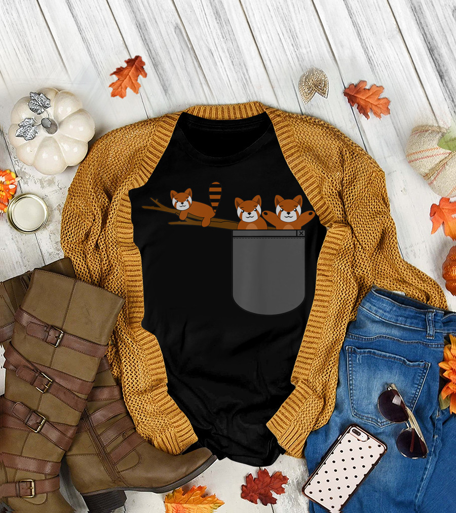 Red Panda Bear Trio Hanging Out Over Pocket Cool Unique T-Shirt