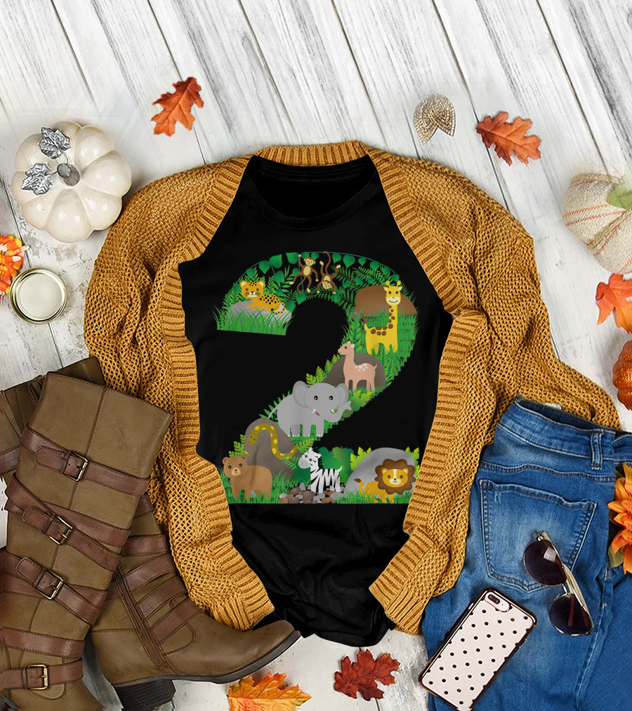 Safari Jungle Zoo Animals Second Birthday Number Two T-Shirt