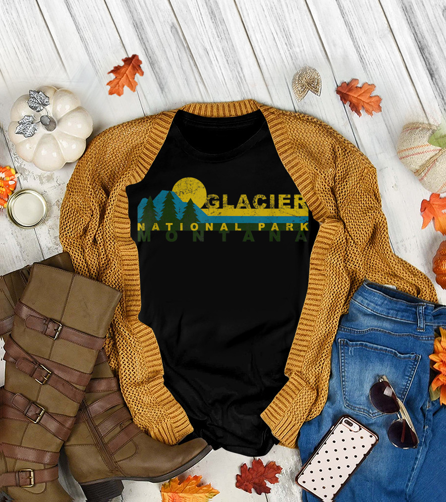 Glacier National Park Montana Vintage Mountain Sunset Treeline T-Shirt