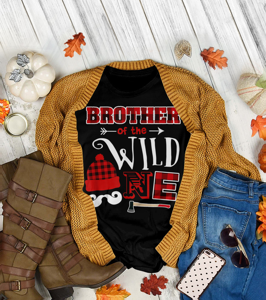 Brother of the Wild One Lumberjack Birthday Plaid Hat Axe Mustache T-Shirt