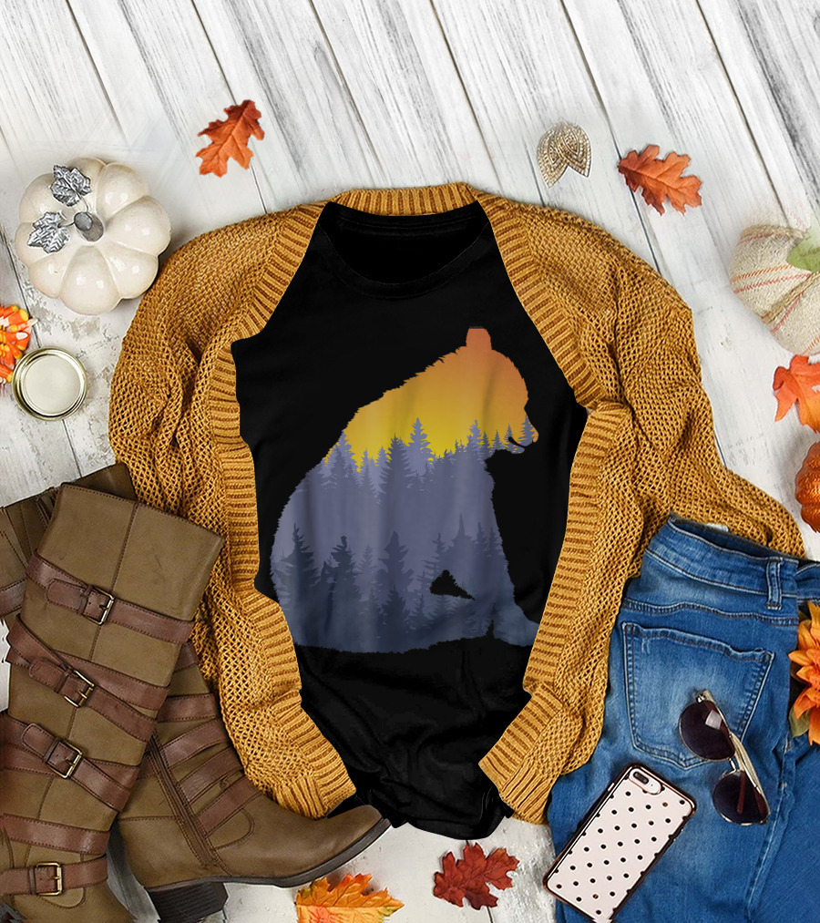 Black Bear Silhouette in Sunset Pine Tree Forest in Mountain T-Shirt