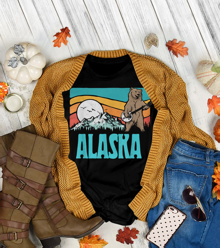 Alaska Bear Playing Banjo in Colorful Mountain Sunset Scene T-Shirt