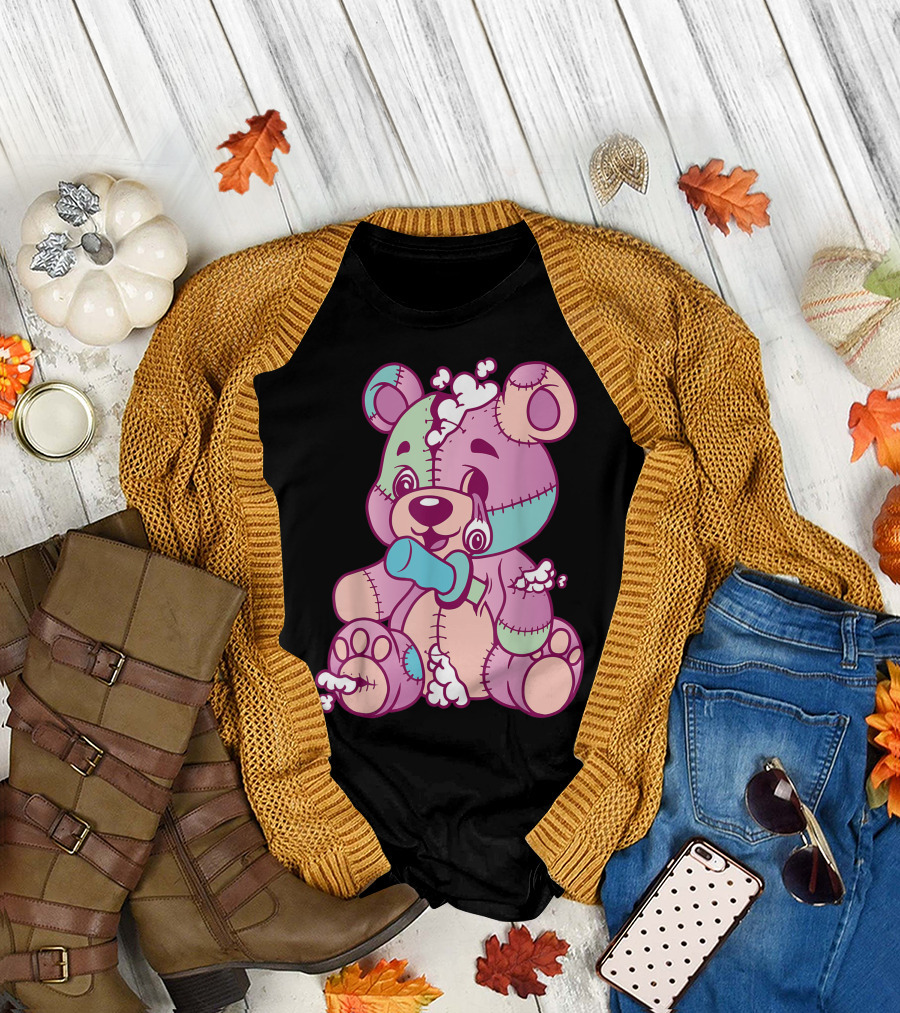 Anime Aesthetic Pastel Goth Evil Stitch Teddy Bear Cute Patchwork Toy T-Shirt