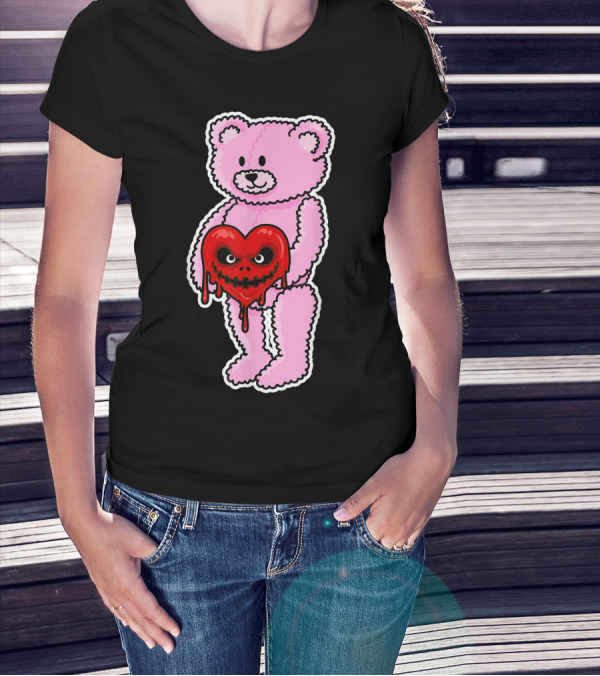 Anti Valentines Day Emo Goth Horror Teddy Bear Holding Dripping Red Heart T-Shirt