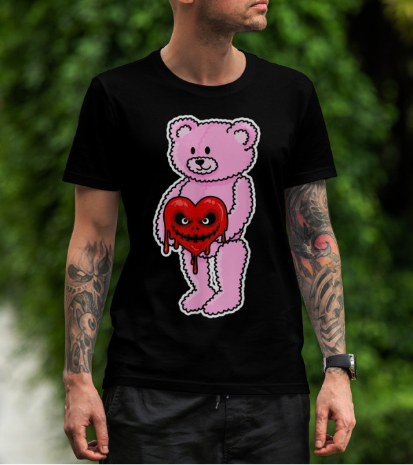 Anti Valentines Day Emo Goth Horror Teddy Bear Holding Dripping Red Heart T-Shirt
