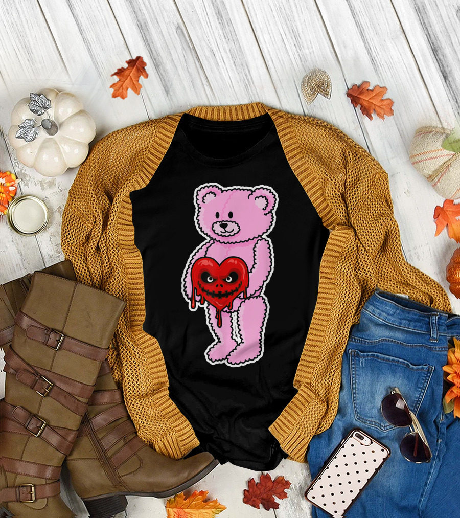Anti Valentines Day Emo Goth Horror Teddy Bear Holding Dripping Red Heart T-Shirt