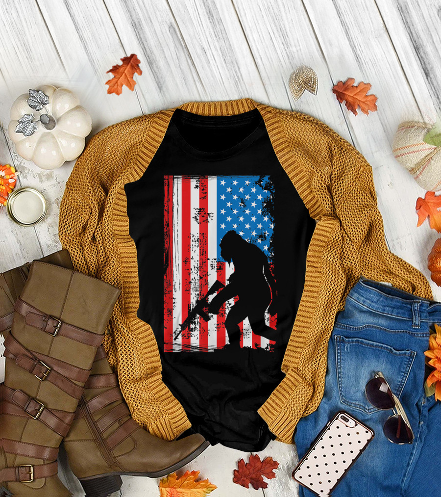 Bigfoot Sasquatch Armed AR-15 American Flag Patriotic T-Shirt