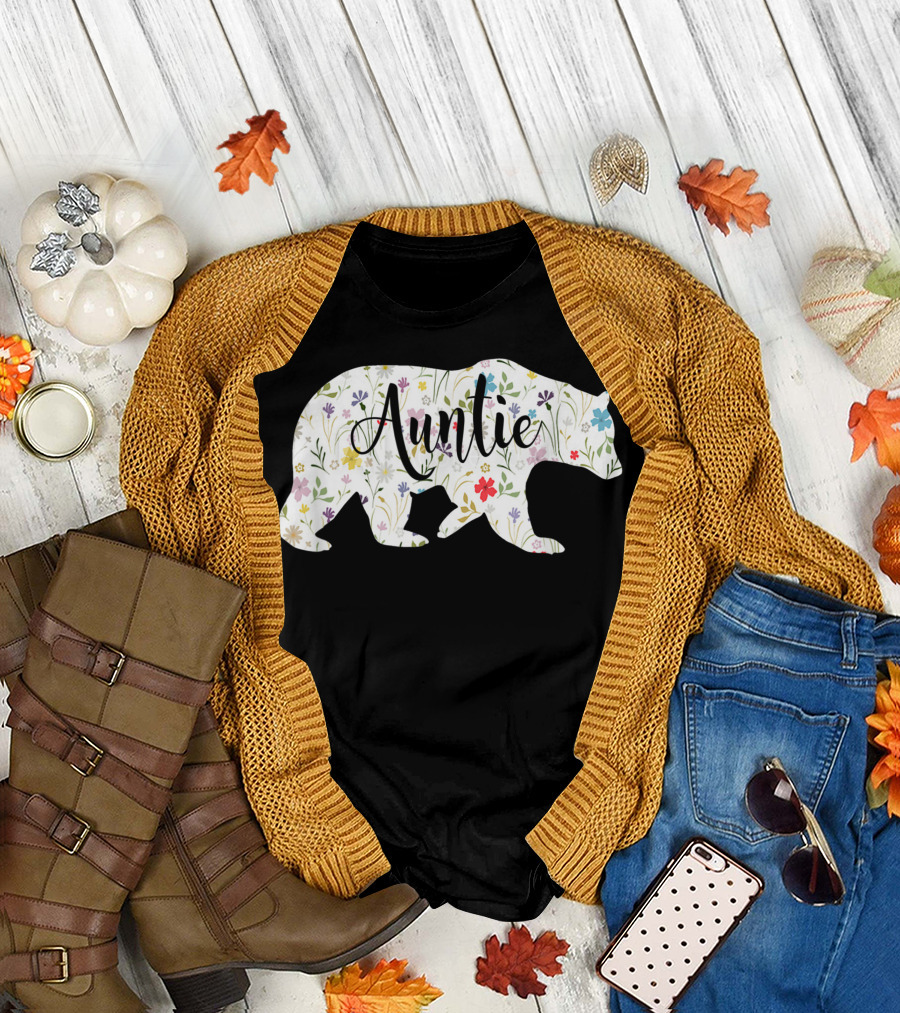 Auntie Bear Floral Flowers Pattern Fun T-Shirt