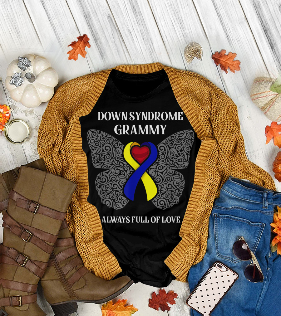 Down Syndrome Grammy Butterfly Ribbon Always Full Of Love T-Shirt
