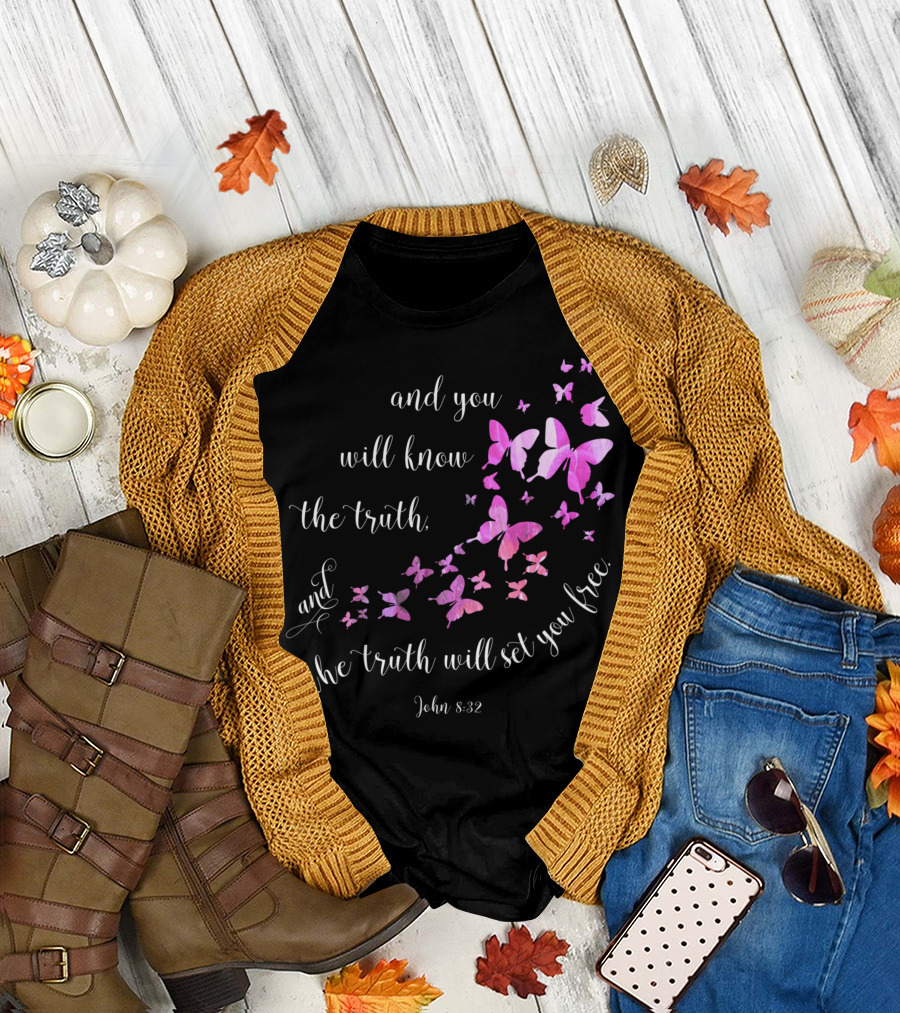 John 8:32 Bible Verse Butterfly Design 'And You Will Know the Truth, and the Truth Will Set You Free' T-Shirt