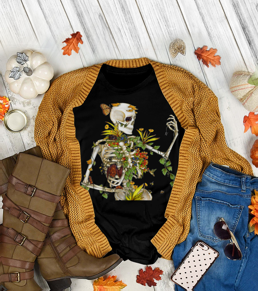 Cool Skeleton Plant Nature Flowers and Butterflies T-Shirt