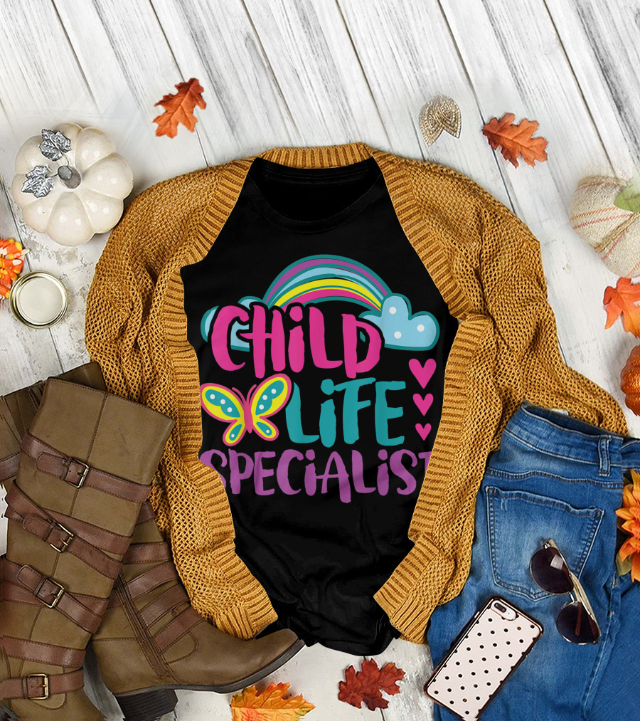 Child Life Specialist Kids Rainbow Butterfly Hearts T-Shirt