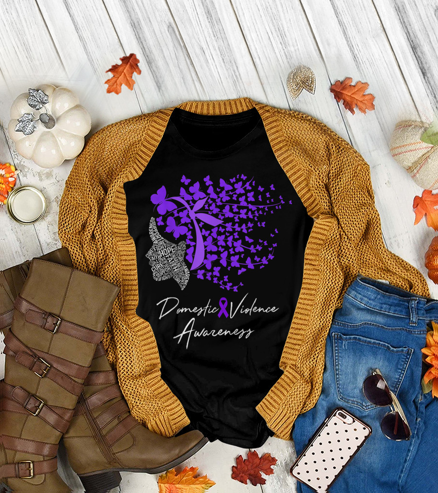 Domestic Violence Awareness Hope Faith Cure Purple Butterflies T-Shirt