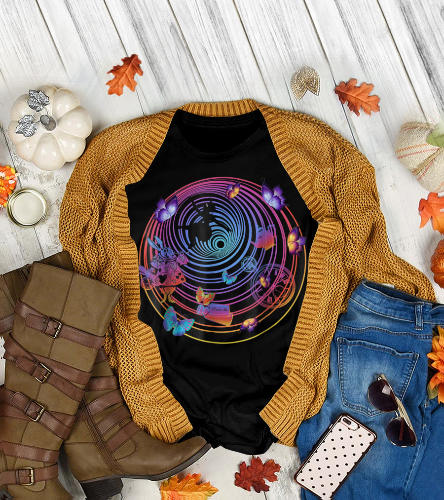 Down The Rabbit Hole Alice In Wonderland Clock Butterfly Magic Drink Me Adventure T-Shirt