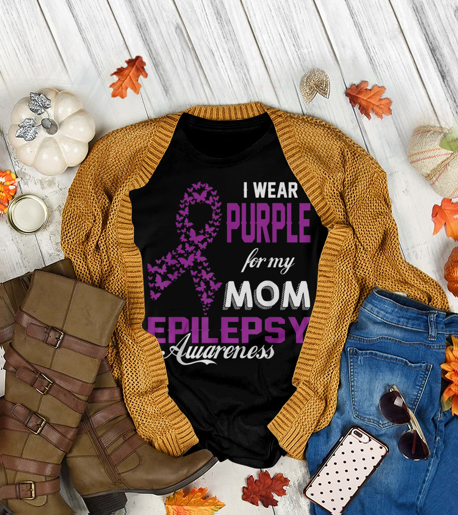 I Wear Purple for My Mom Epilepsy Awareness Butterfly T-Shirt