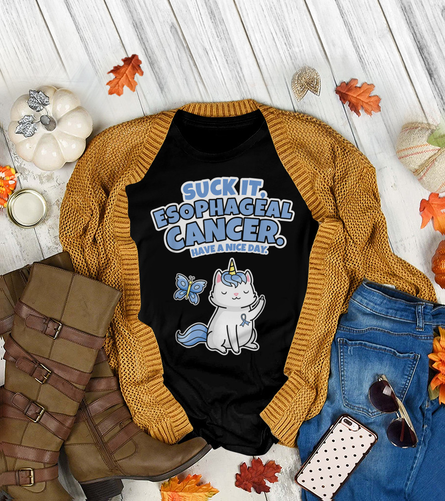 Suck It Esophageal Cancer Have a Nice Day Butterfly Unicorn Cat T-Shirt