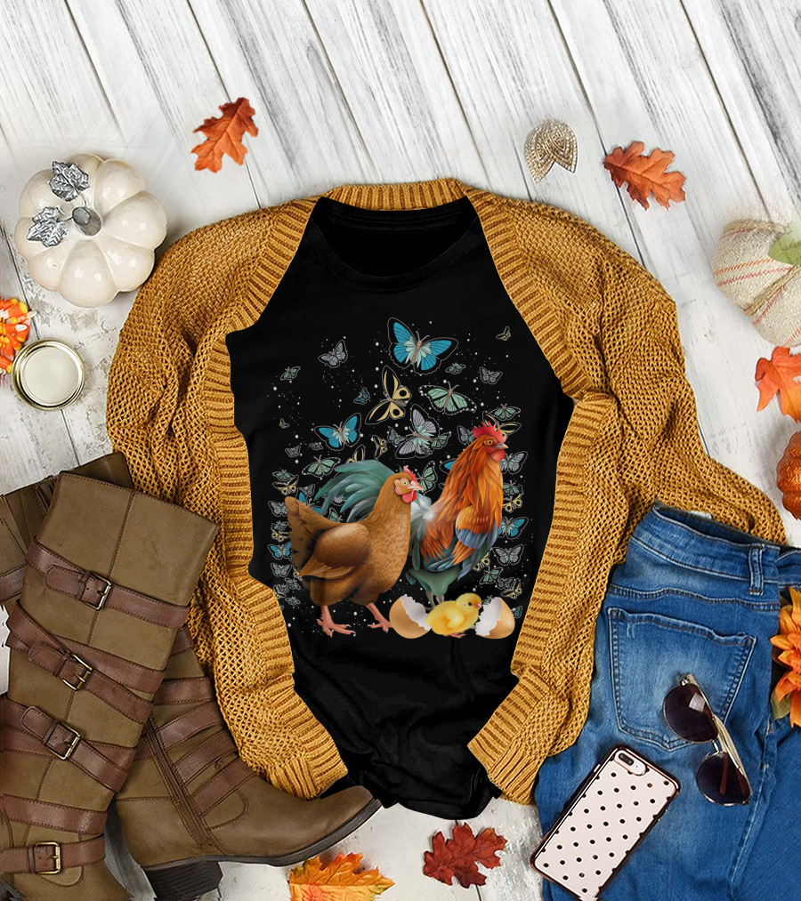 Farmer Farm Animal Butterflies Rooster Hen Chicken Chicks T-Shirt