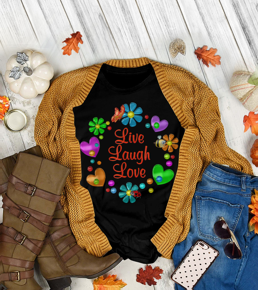 Live Laugh Love Hearts Flowers Butterfly Bee Ladybug T-Shirt