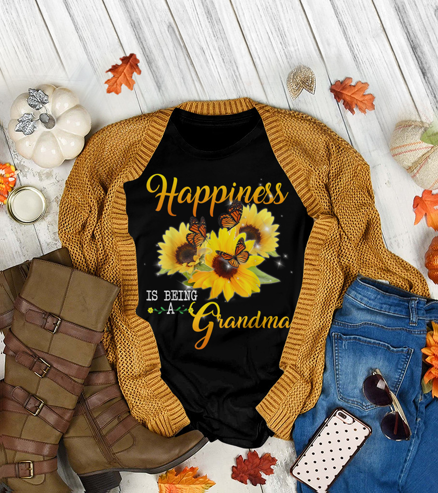 Happiness Is Being A Grandma Butterflies Sunflowers T-Shirt