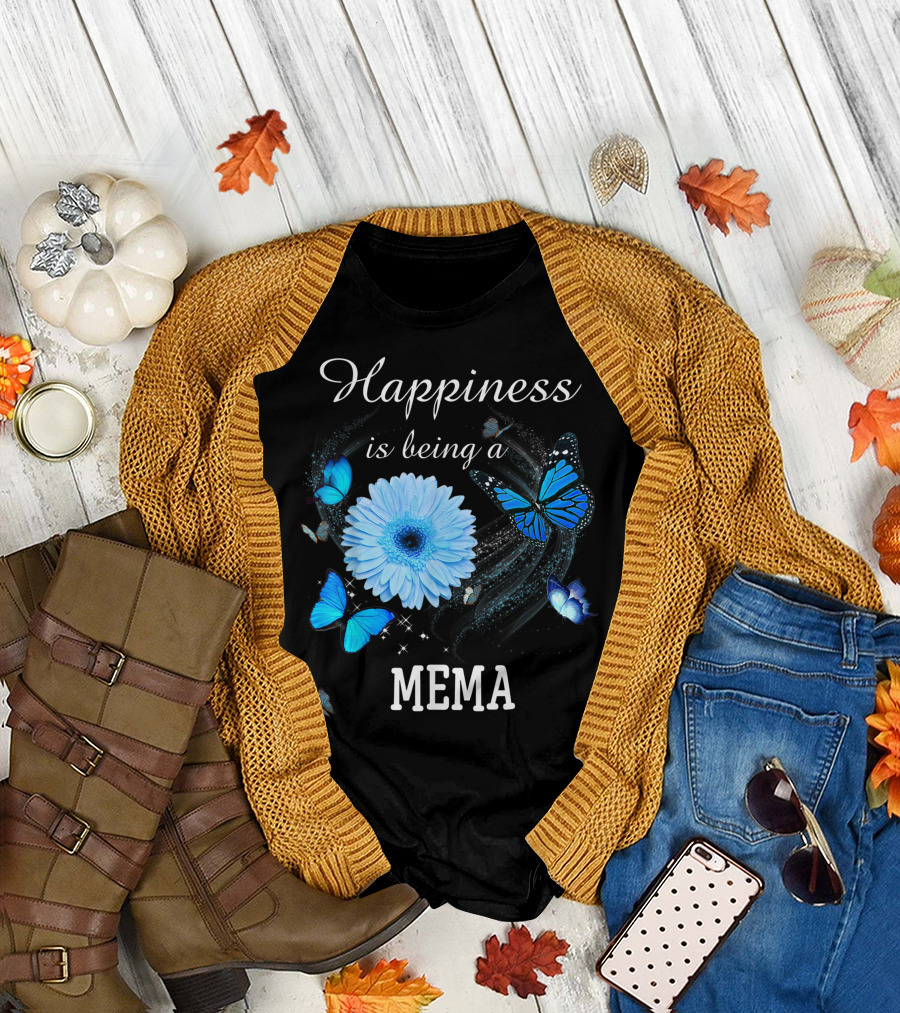 Happiness Is Being A Mema Blue Daisy Flower and Butterfly T-Shirt